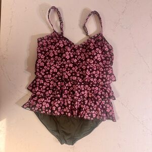 Lands End One Piece Fauxkini Floral Ruffle Swimsuit NWOT